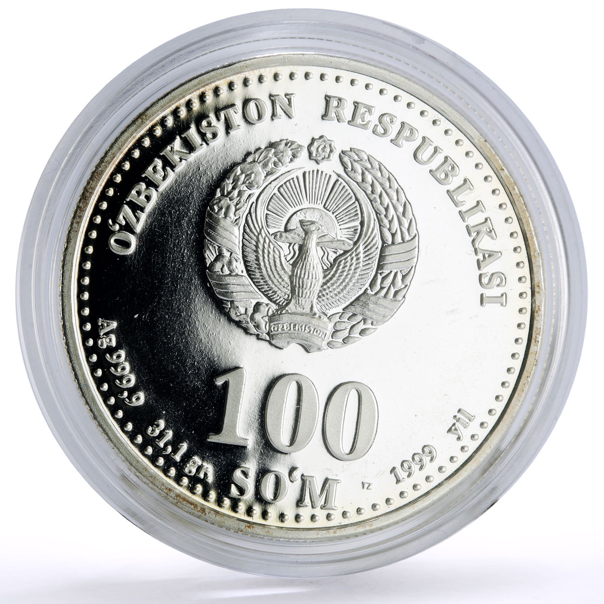 Uzbekistan 100 som Great Ancestors Sultan Amir Temur proof silver coin 1999