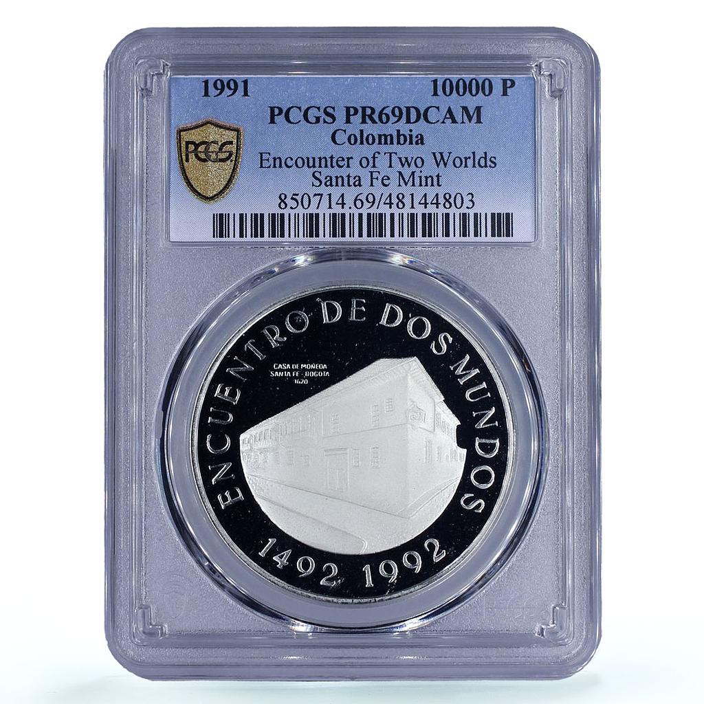 Colombia 10000 pesos Two Worlds Encounter Santa Fe Bogota PR69 PCGS Ag coin 1991