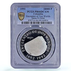 Colombia 10000 pesos Two Worlds Encounter Santa Fe Bogota PR66 PCGS Ag coin 1991