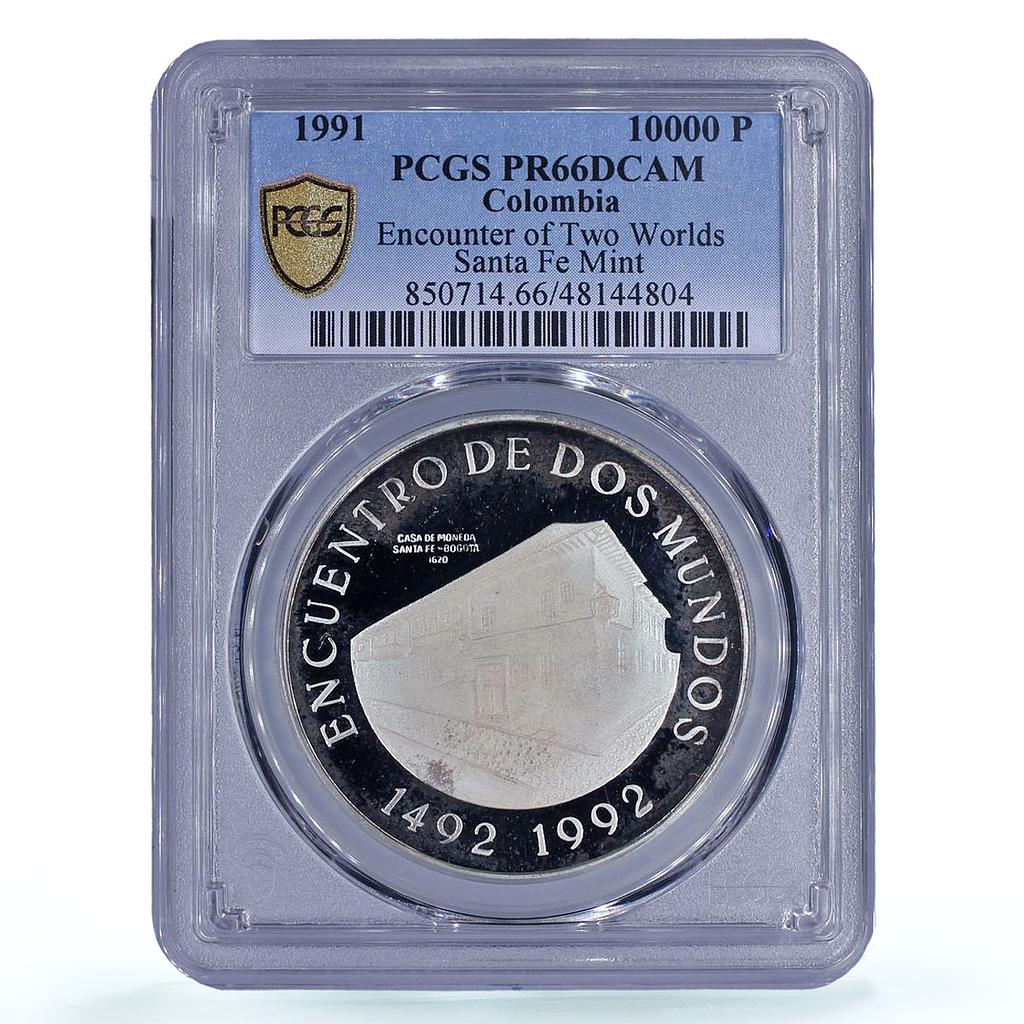 Colombia 10000 pesos Two Worlds Encounter Santa Fe Bogota PR66 PCGS Ag coin 1991