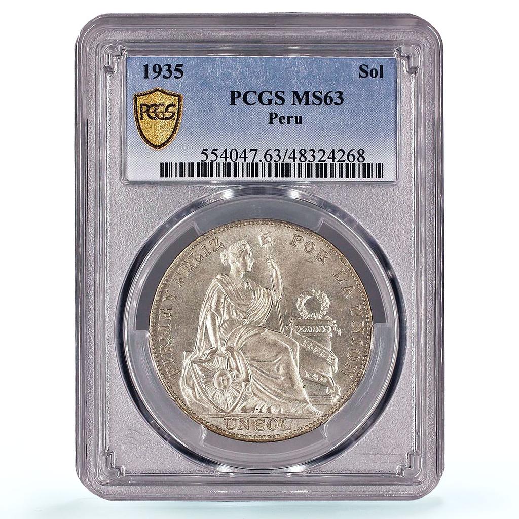 Peru 1 sol Regular Coinage Liberty Libertad KM-218.2 MS63 PCGS silver coin 1935