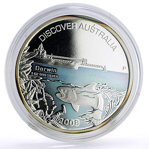 Australia 1 dollar Discovers Darwin Harbor Ship Seafish colored silver coin 2008