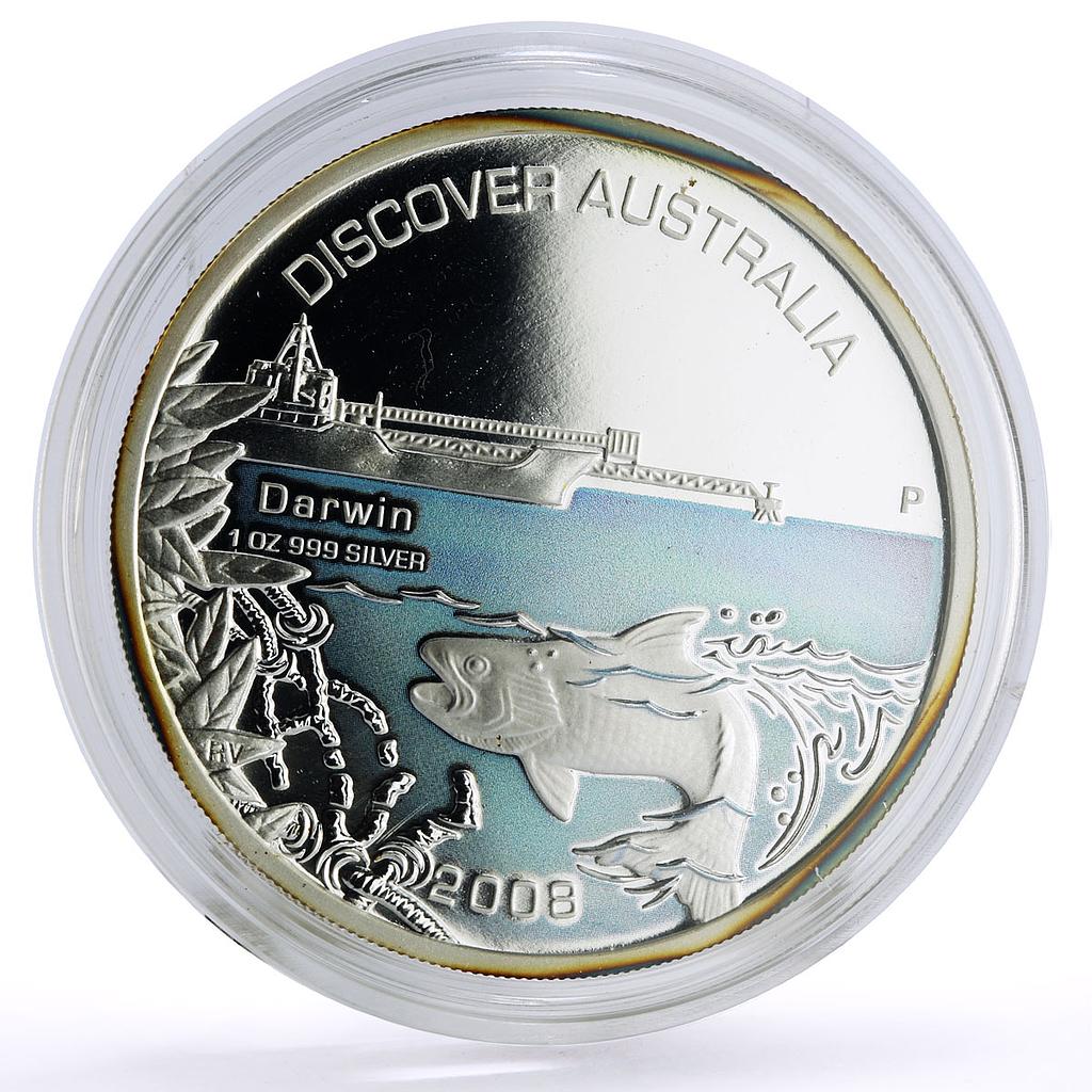 Australia 1 dollar Discovers Darwin Harbor Ship Seafish colored silver coin 2008
