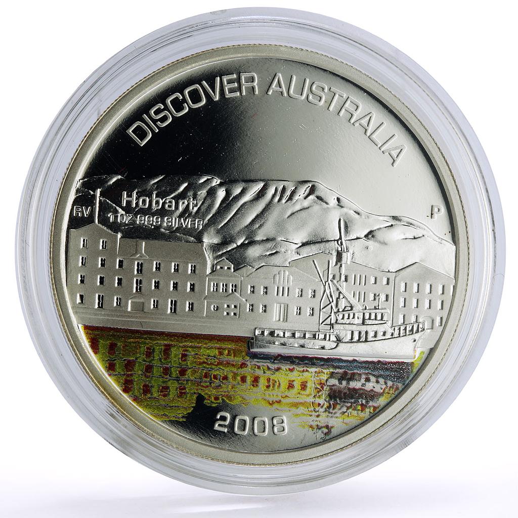 Australia 1 dollar Discovers Hobart Harbor Ship Boat colored silver coin 2008