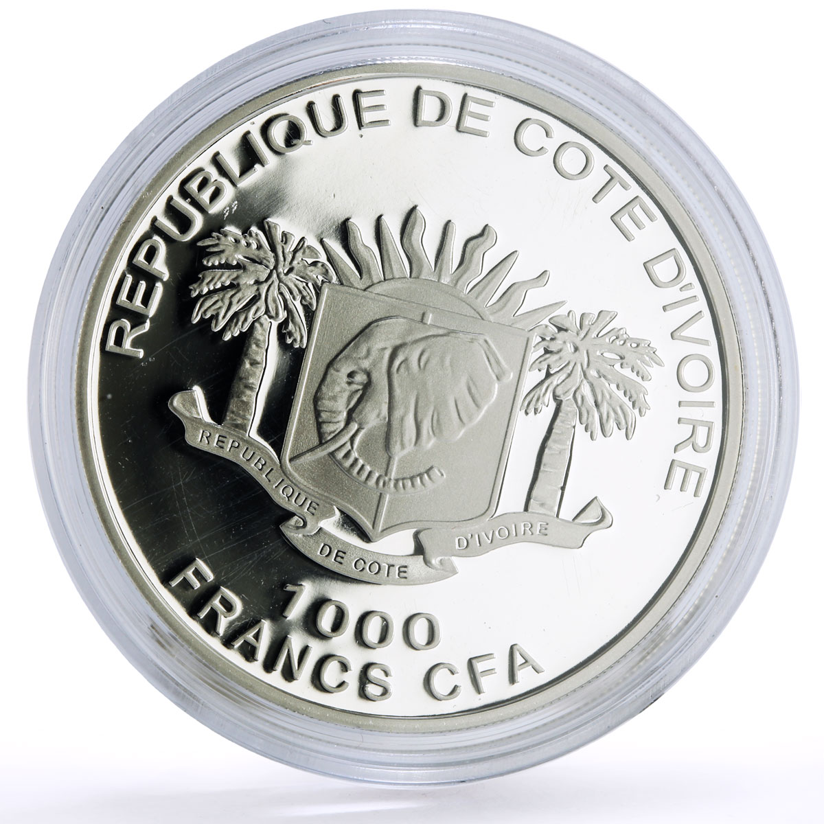 Ivory Coast 1000 francs Prehistoric Animals Mammoth w/o Crystal silver coin 2010