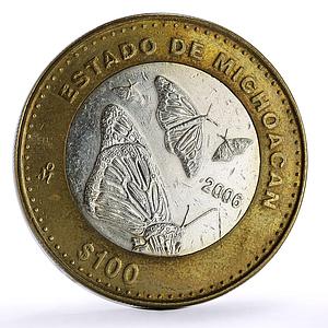 Mexico 100 pesos Michoacan State Monarch Butterflies Fauna bimetal coin 2006