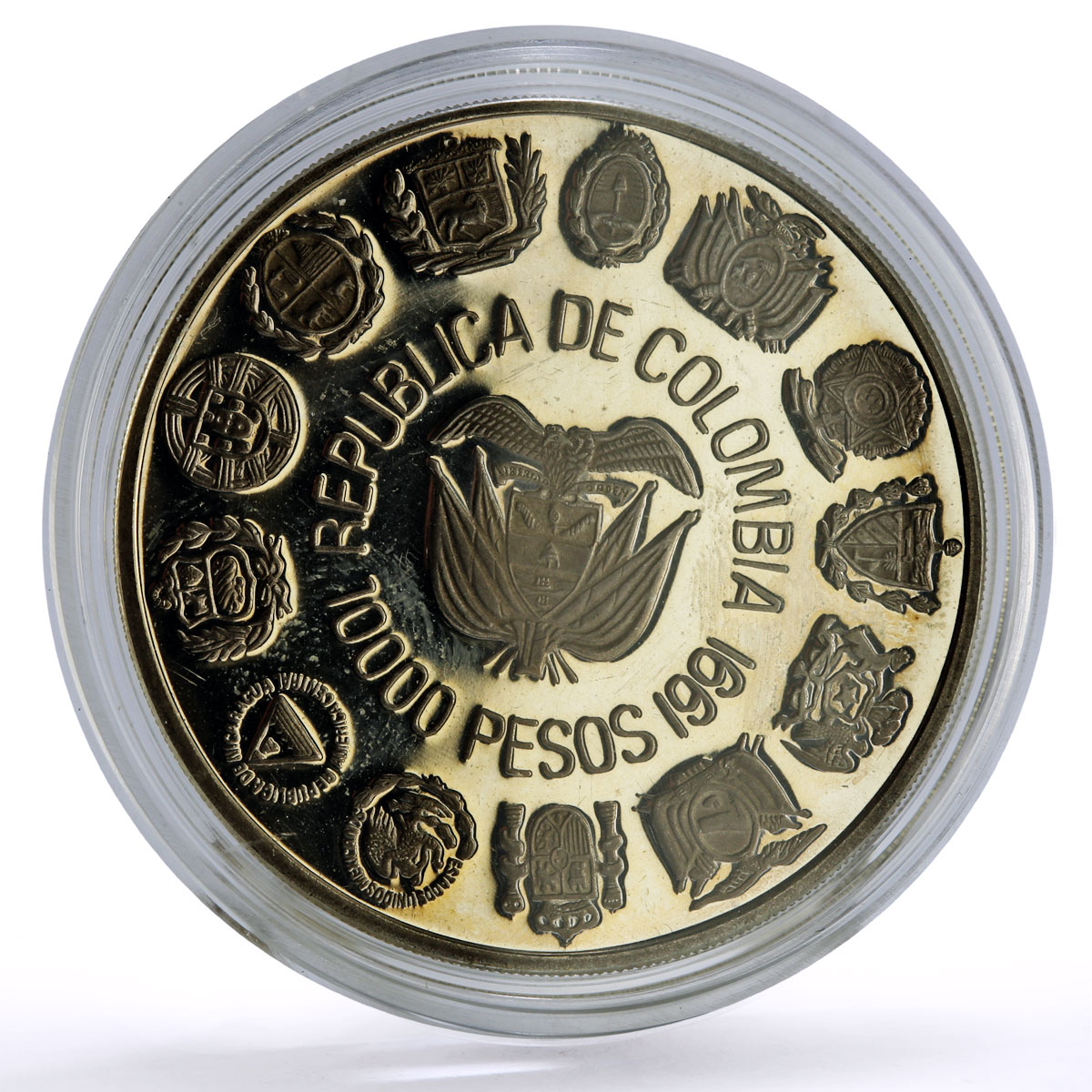 Colombia 10K pesos Ibero-American Two Worlds Encounter Bogota Mint Ag coin 1991