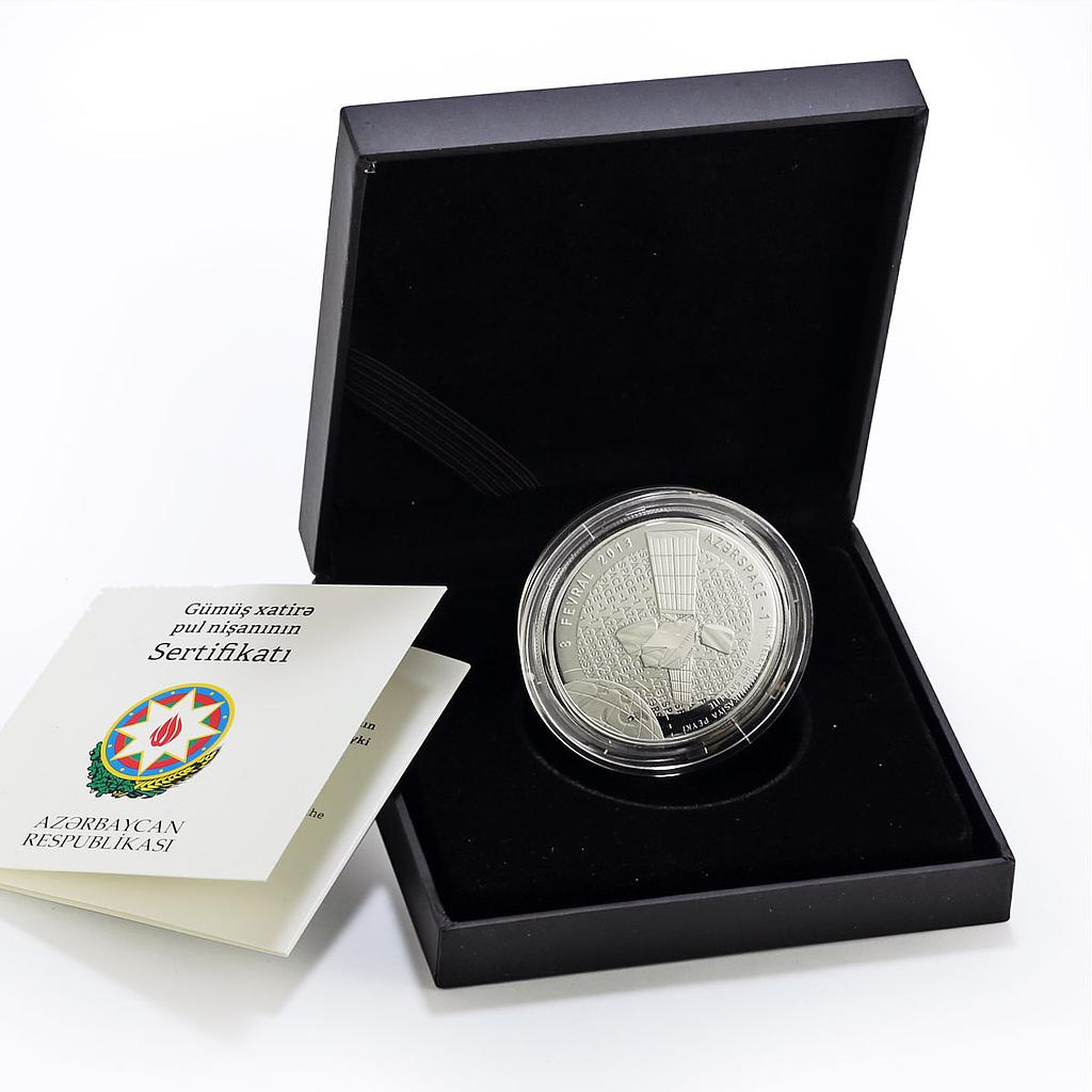 Azerbaijan 5 manat Telecommunication Satellite Azerspace Launch silver coin 2015