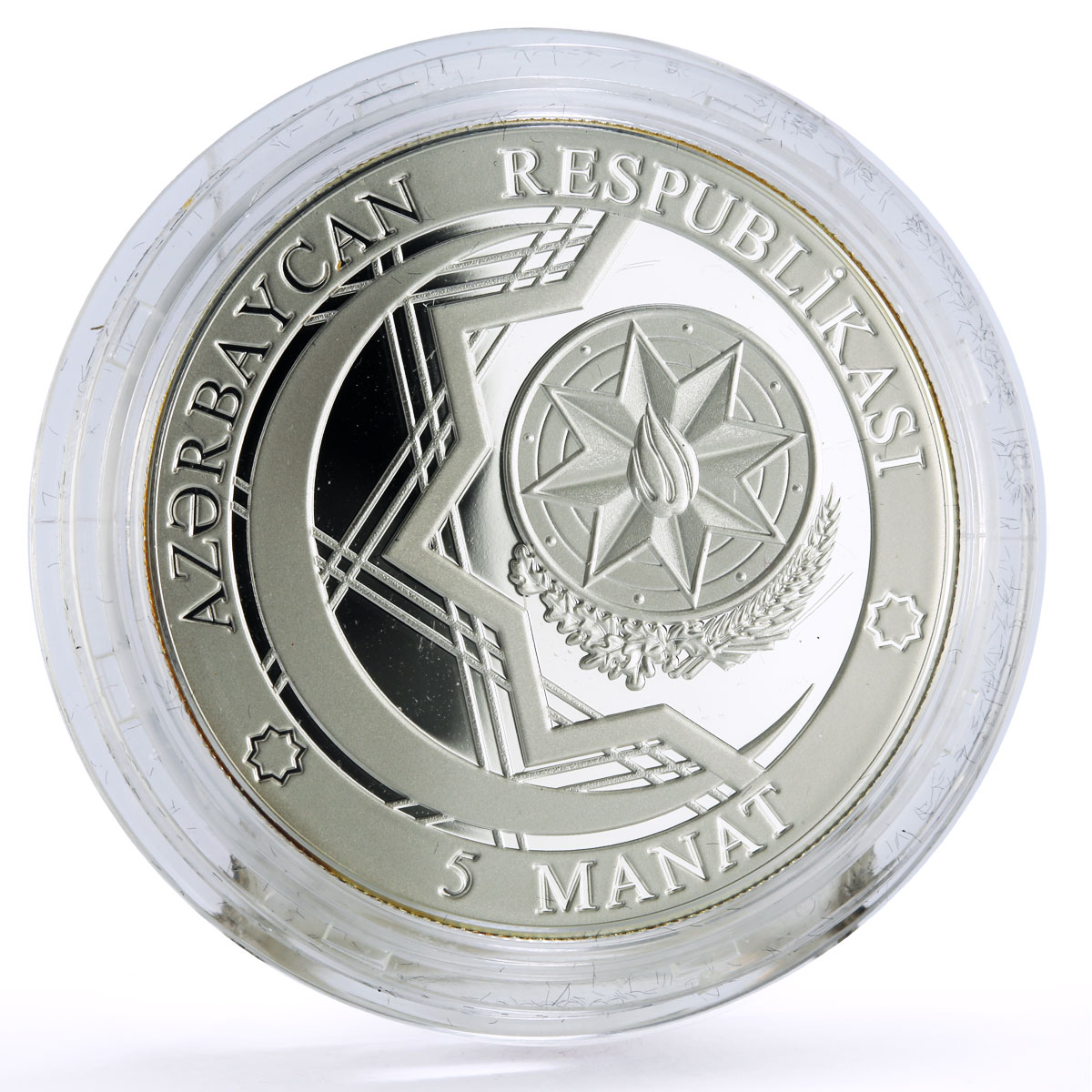 Azerbaijan 5 manat Telecommunication Satellite Azerspace Launch silver coin 2015