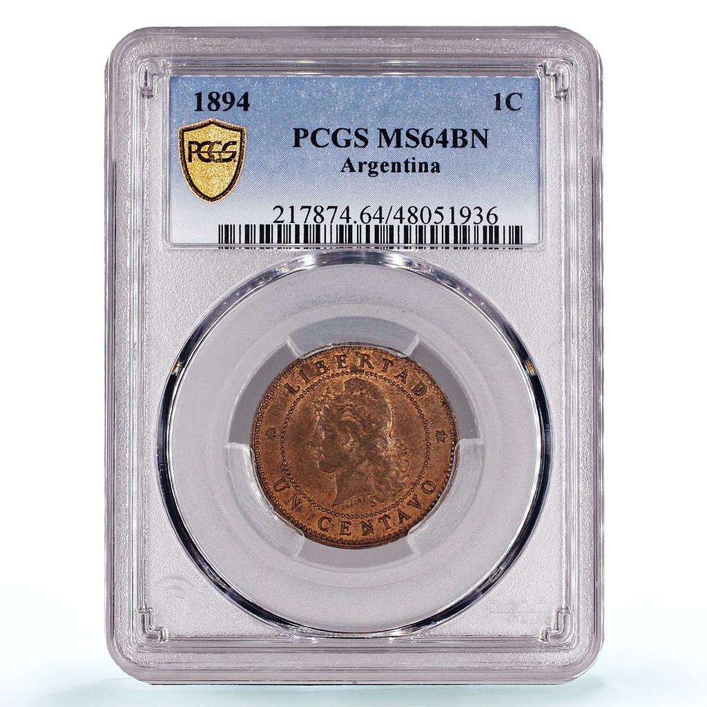 Argentina 1 centavo Regular Coinage Libertad KM-32 MS64 BN PCGS bronze coin 1894