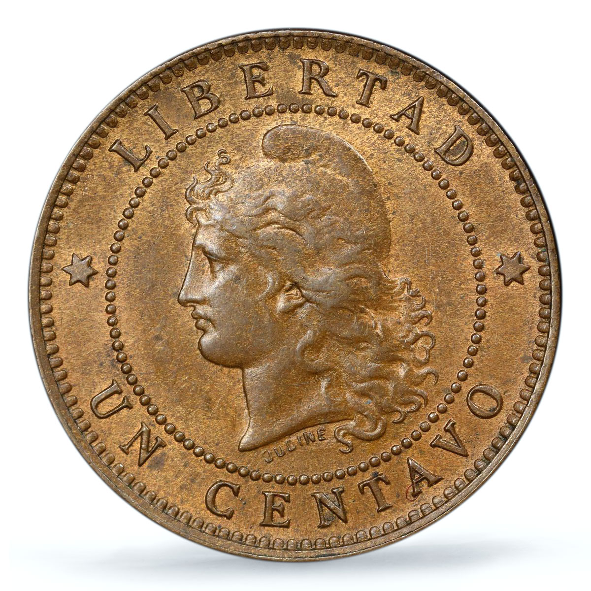 Argentina 1 centavo Regular Coinage Libertad KM-32 MS64 BN PCGS bronze coin 1894