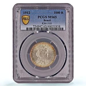 Brazil 1000 reis Regular Coinage Liberty Head KM-510 MS65 PCGS silver coin 1912