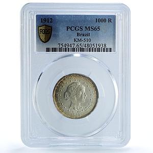 Brazil 1000 reis Regular Coinage Liberty Head KM-510 MS65 PCGS silver coin 1912