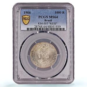 Brazil 1000 reis Regular Coinage Liberty Head KM-507 MS64 PCGS silver coin 1906