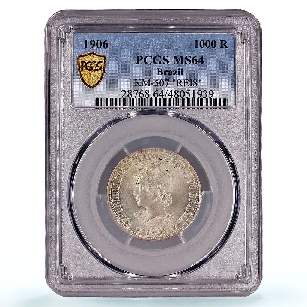 Brazil 1000 reis Regular Coinage Liberty Head KM-507 MS64 PCGS silver coin 1906