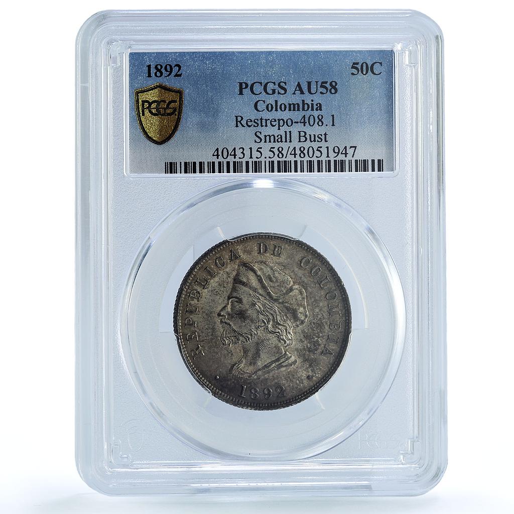 Colombia 50 centavos Columbus America Discovery KM-187.2 AU58 PCGS Ag coin 1892