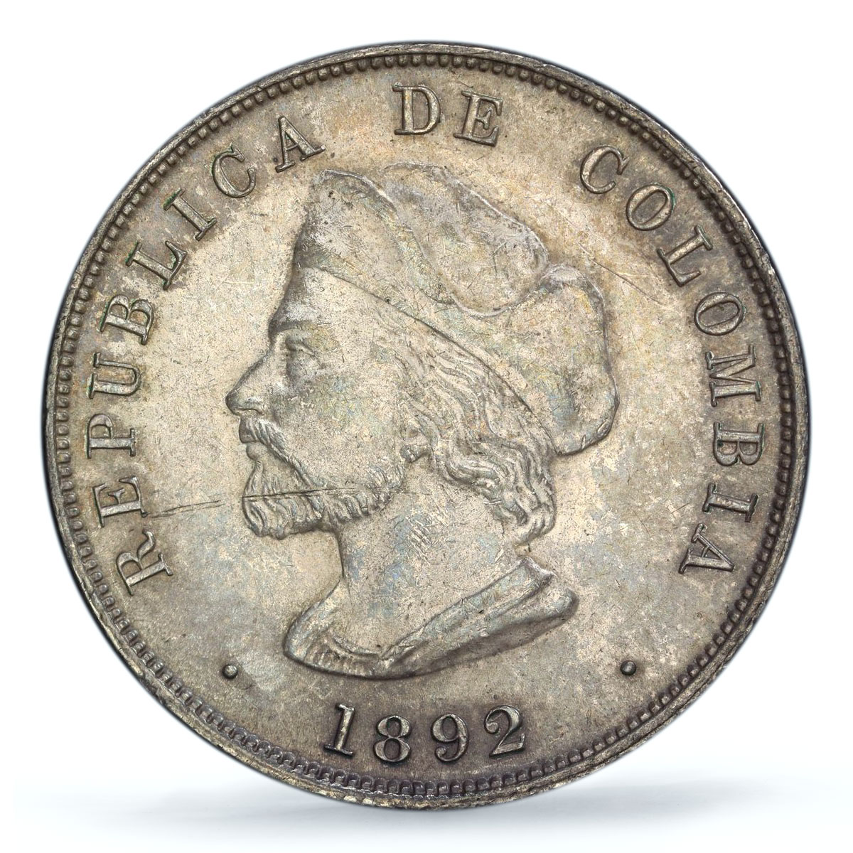 Colombia 50C Columbus America Discovery Right A KM-187.2 AU58 PCGS Ag coin 1892