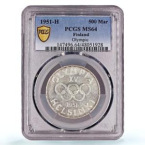 Finland 500 markaa Helsinki Winter Olympic Games KM-35 MS64 PCGS Ag coin 1951