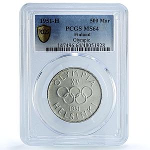 Finland 500 markaa Helsinki Summer Olympic Games KM-35 MS64 PCGS Ag coin 1951