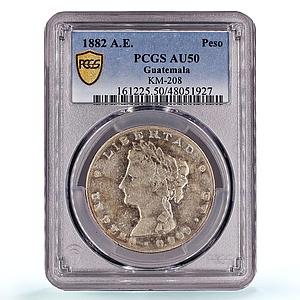 Guatemala 1 peso Libertad Laureate Head KM-208 AU50 PCGS silver coin 1882 AE