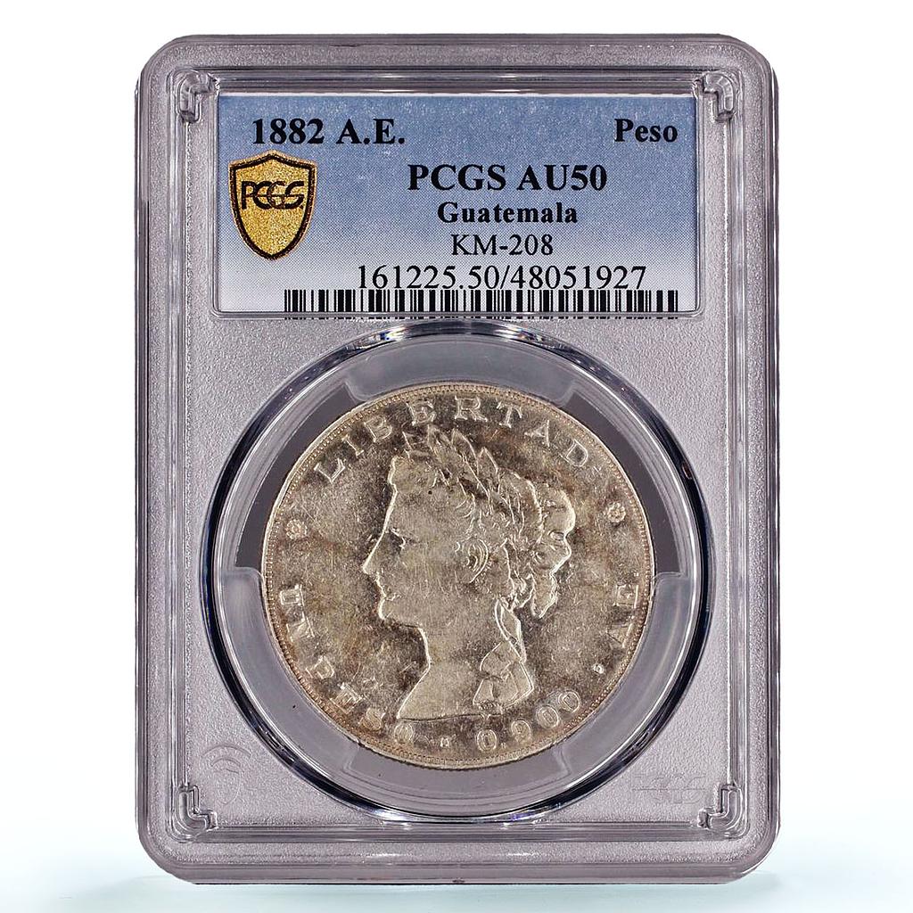 Guatemala 1 peso Libertad Laureate Head KM-208 AU50 PCGS silver coin 1882 AE