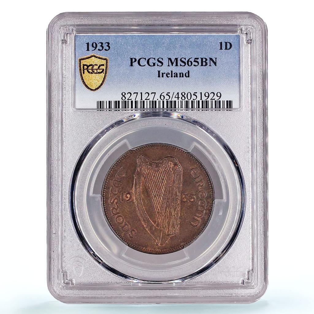 Ireland 1 penny Republic Coinage Hen with Chicks KM-3 MS65 PCGS bronze coin 1933