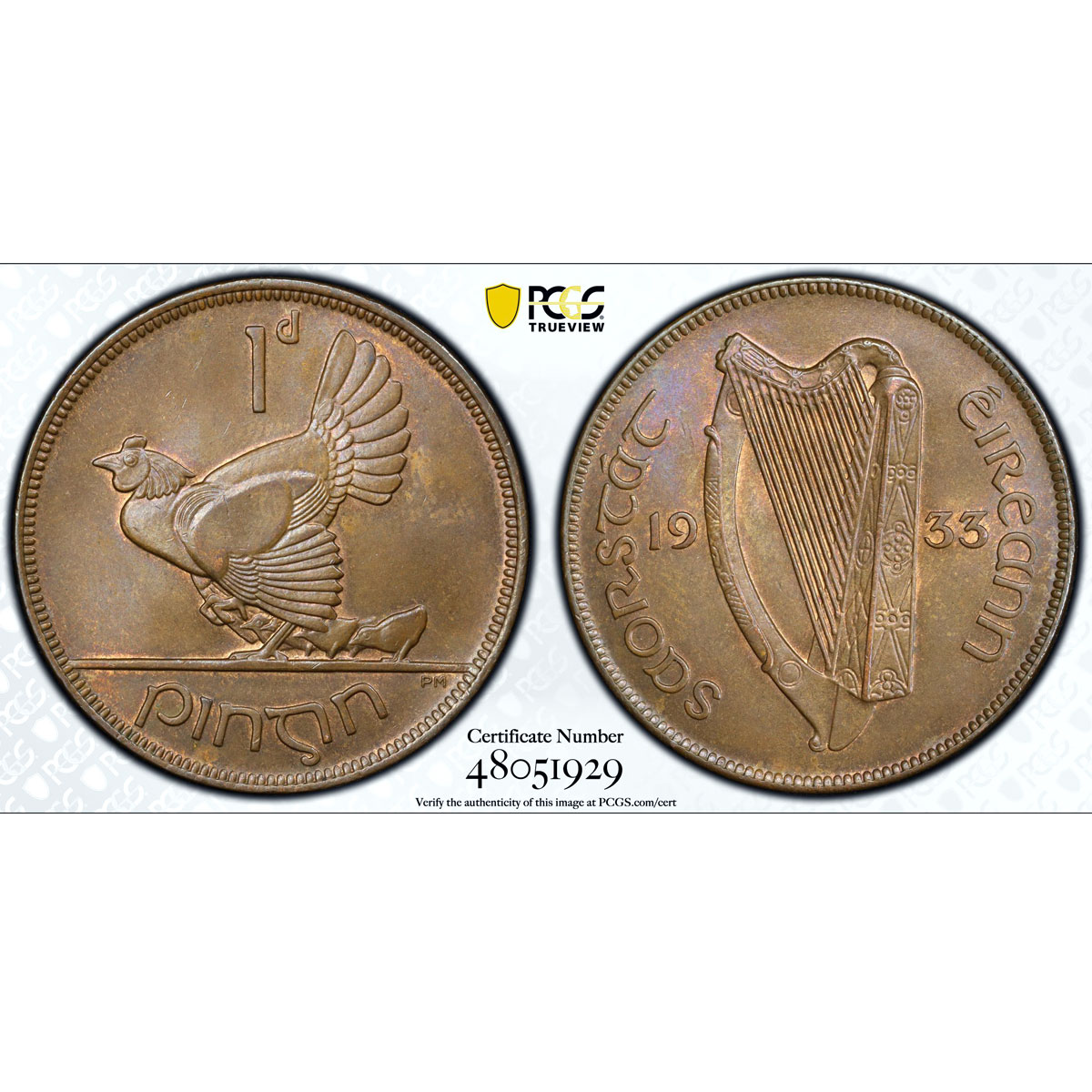 Ireland 1 penny Republic Coinage Hen with Chicks KM-3 MS65 PCGS bronze coin 1933