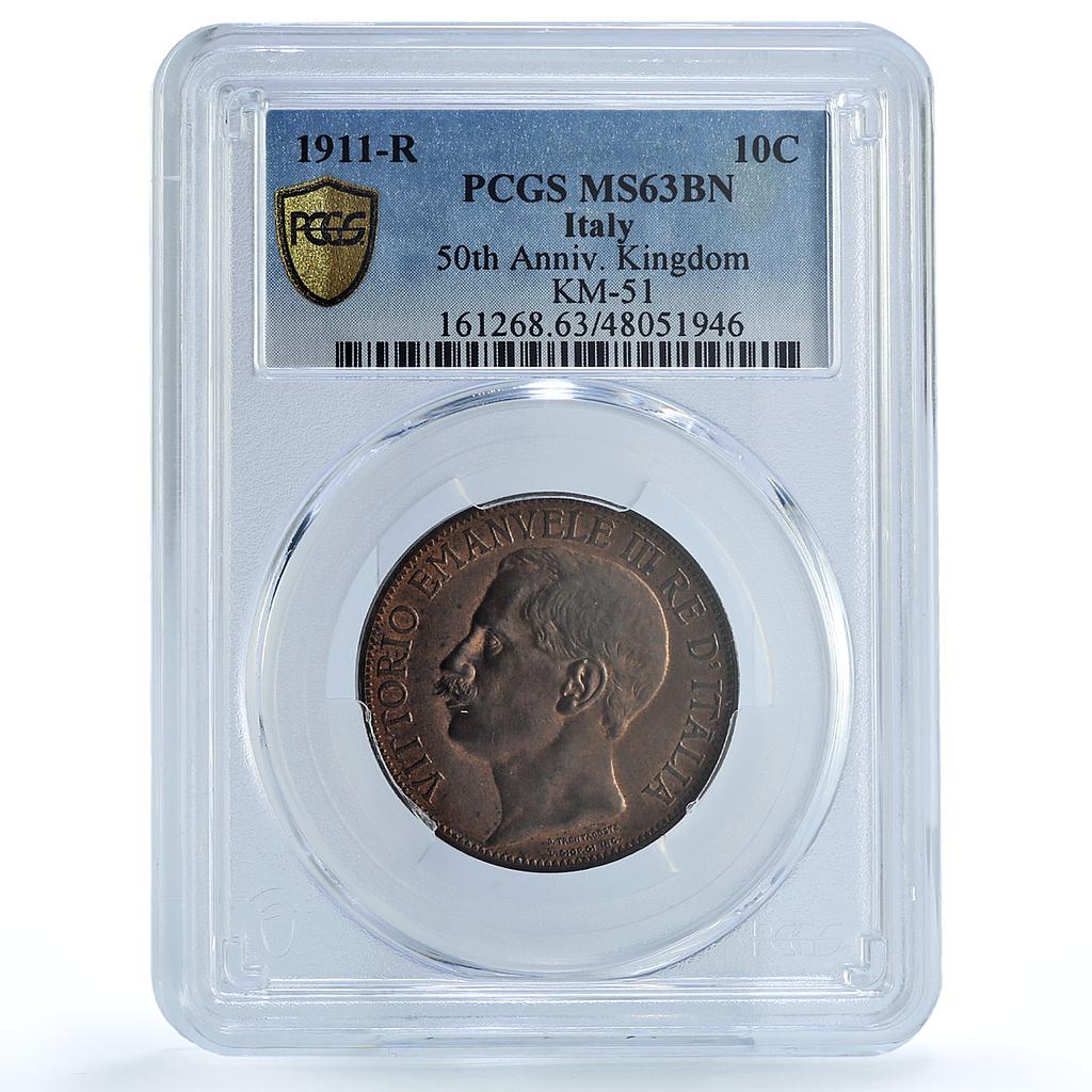 Italy 10 centesimi Emanuele III Kingdom Anniversary KM-51 MS63 BN PCGS coin 1911 Italy 10 centesimi Emanuele III Kingdom Anniversary KM-51 MS63 BN PCGS coin 1911