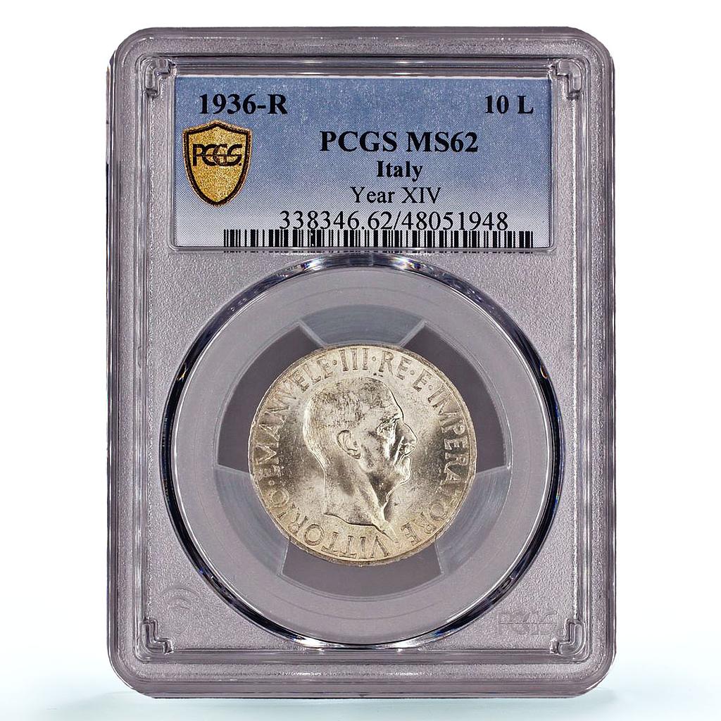 Italy 10 lire Emanuele III Coinage Year XIV KM-80 MS62 PCGS silver coin 1936