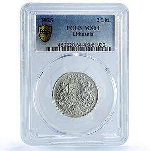 Latvia 2 lati Republic KM-8 Schon-8 Arms MS 64 PCGS silver coin 1925