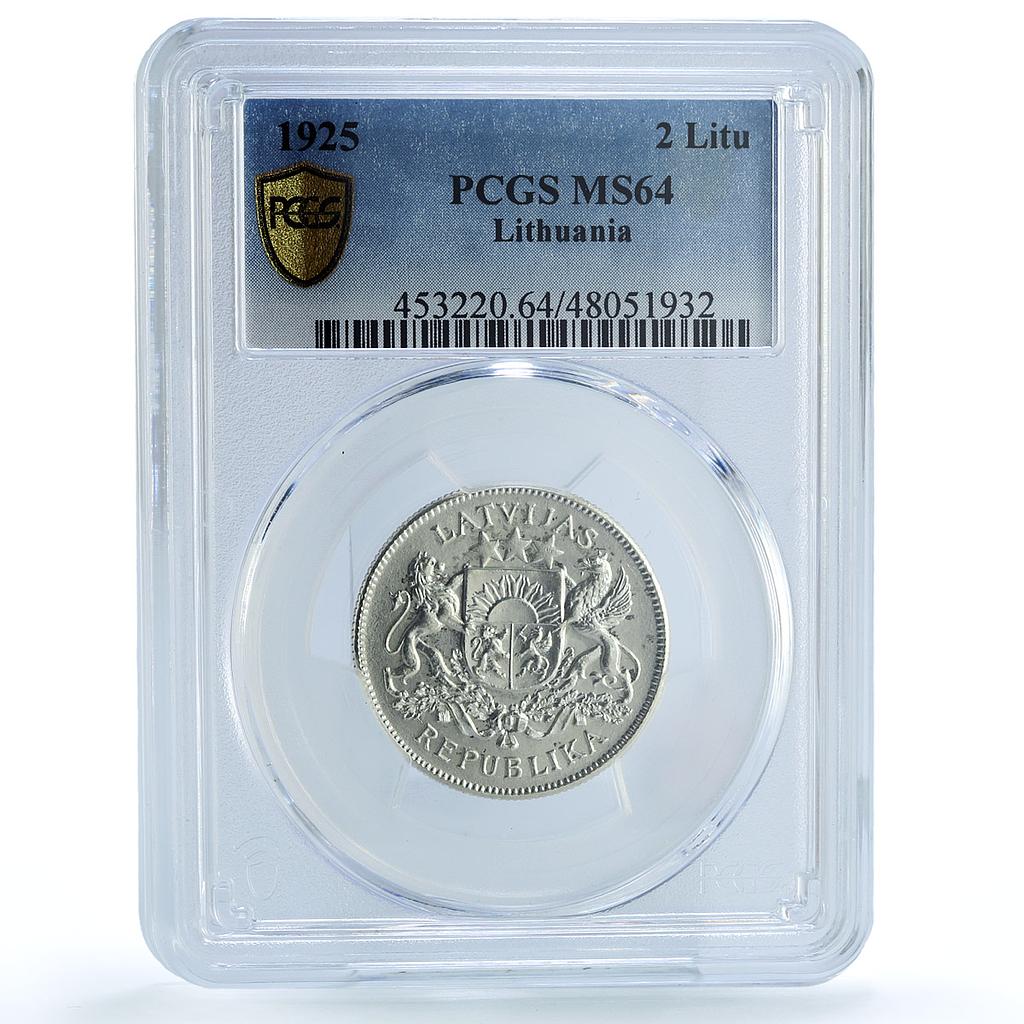 Latvia 2 lati Republic KM-8 Schon-8 Arms MS 64 PCGS silver coin 1925 Latvia 2 lati Republic KM-8 Schon-8 Arms MS 64 PCGS silver coin 1925