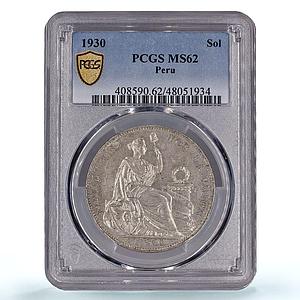 Peru 1 sol Regular Coinage Liberty Libertad KM-218.2 MS62 PCGS silver coin 1930