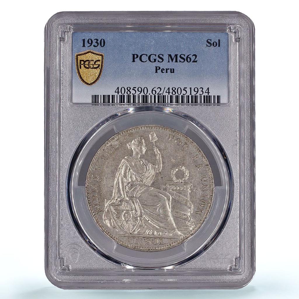 Peru 1 sol Regular Coinage Liberty Libertad KM-218.2 MS62 PCGS silver coin 1930