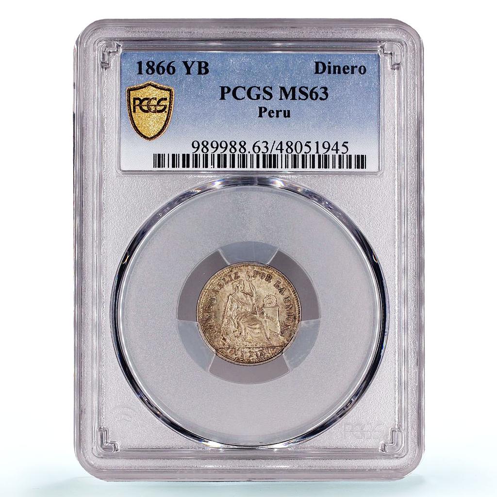 Peru 1 dinero Regular Coinage Seated Liberty KM-190 MS63 PCGS silver coin 1866