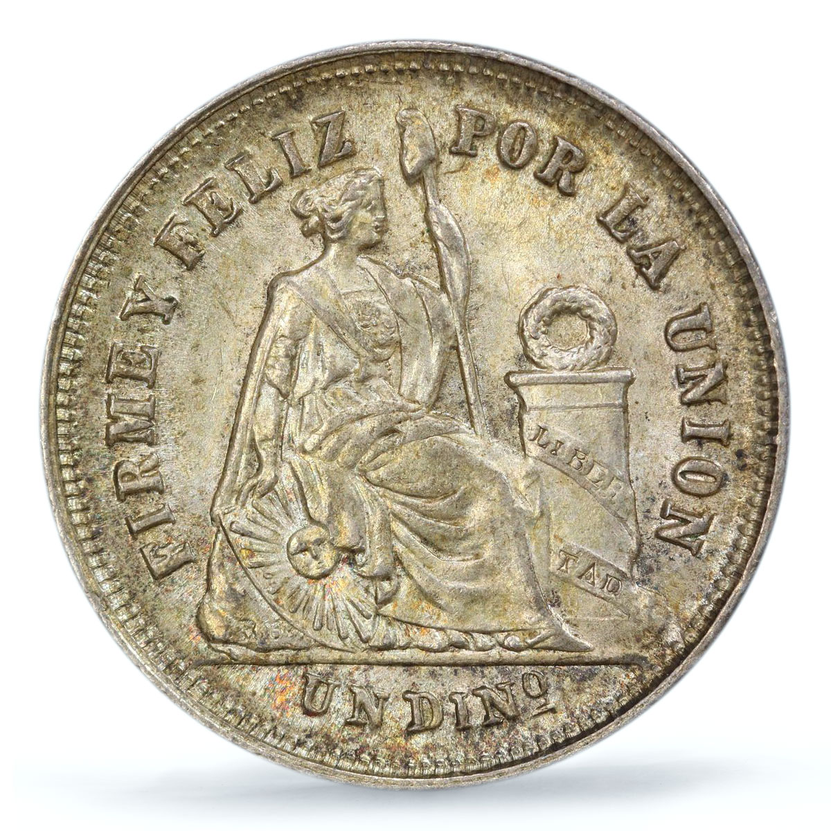 Peru 1 dinero Regular Coinage Seated Liberty KM-190 MS63 PCGS silver coin 1866