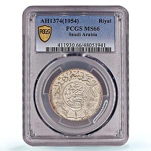 Saudi Arabia 1 riyal Saud bin Abdulaziz Coinage KM-39 MS66 PCGS silver coin 1954