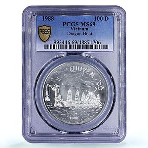 Vietnam 100 dong Seafaring Dragon Boat Ship Large MS69 PCGS silver coin 1988