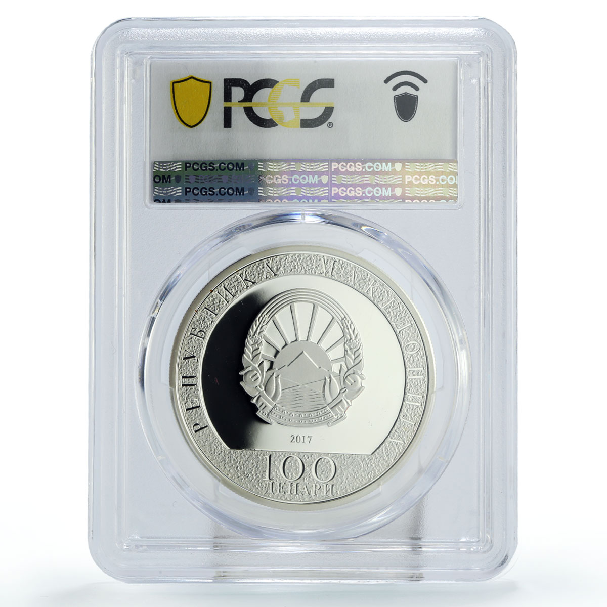 Macedonia 100 denars Lunar Year of the Rooster Angel PR69 PCGS silver coin 2017