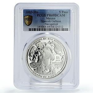 Mexico 5 pesos Navigation Acapulco Galleon Ship Clipper PR69 PCGS Ag coin 2003