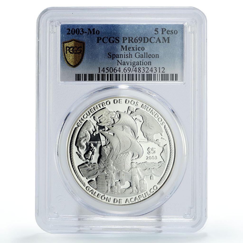 Mexico 5 pesos Navigation Acapulco Galleon Ship Clipper PR69 PCGS Ag coin 2003
