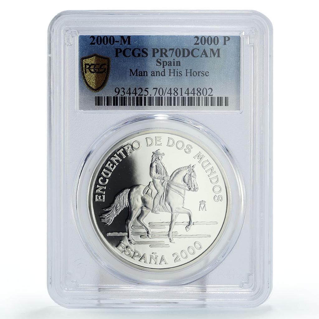 Spain 2000 ptas Ibero-American Hombre Caballo Man Horse PR70 PCGS Ag coin 2000