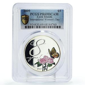 Cook Islands 5 dollars Women Day Roses Butterfly PR69 PCGS silver coin 2009