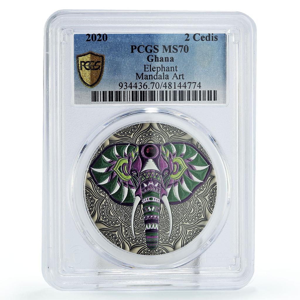 Ghana 2 cedis Mandala Art Animals Elephant Fauna MS70 PCGS silver coin 2020