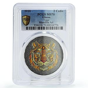 Ghana 2 cedis Mandala Art Animals Tiger Cat Fauna MS70 PCGS silver coin 2020