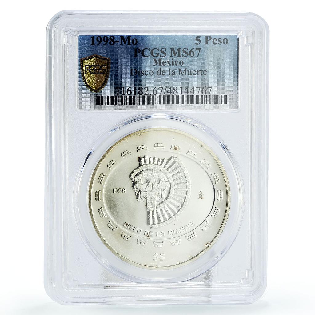 Mexico 5 pesos Precolombina Disco Muerte Death Disc MS67 PCGS silver coin 1998