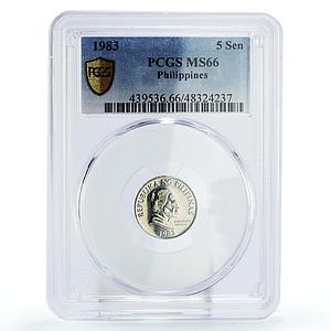 Philippines 5 sen Regular Coinage Melchora Aquino KM-239 MS66 PCGS Al coin 1983