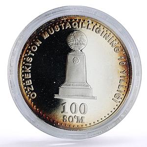 Uzbekistan 100 som 10th Independence World Monument KM-22 proof silver coin 2001