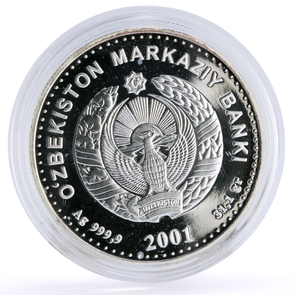 Uzbekistan 100 som Independence Alisher Navoi Monument KM-28 silver coin 2001