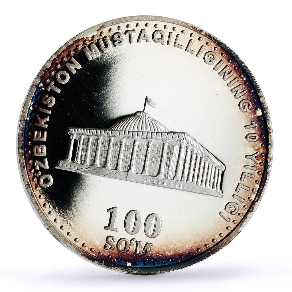 Uzbekistan 100 som 10th Independence Tashkent Town Hall KM-21 silver coin 2001
