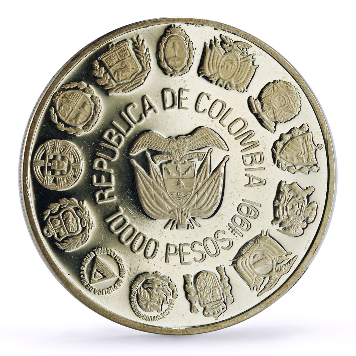 Colombia 10000 pesos Two Worlds Encounter Santa Fe Bogota Mint silver coin 1991